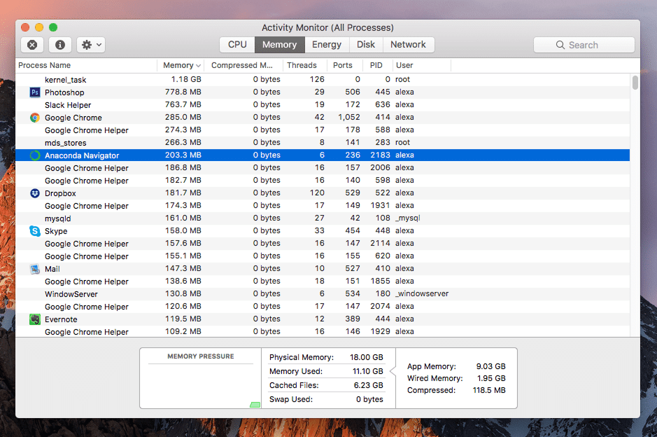 Activity Monitor window with selected Anaconda Navigator