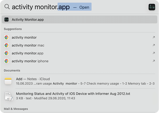 Activity monitor icon in Spotlight
