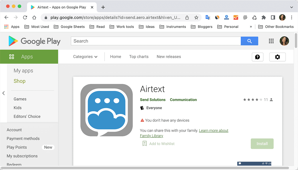 Google Play market showing the Airtext apps