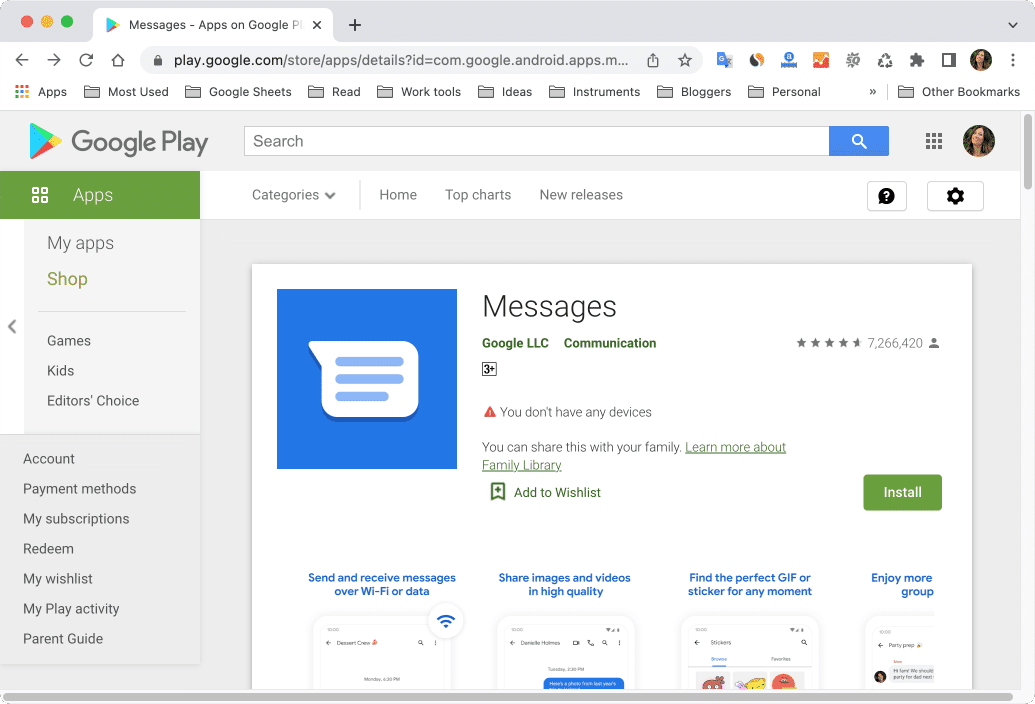 Google Play market showing the Messages app