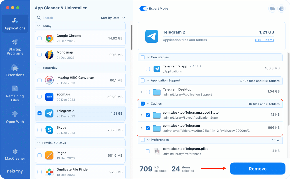 App Cleaner & Uninstaller showing cache files