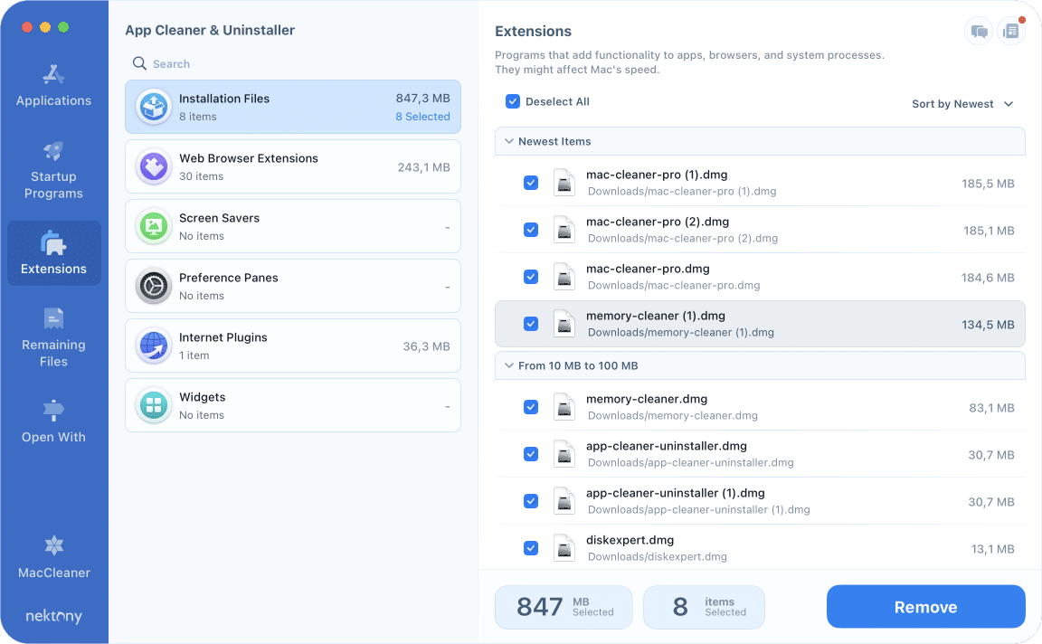 App Cleaner & Uninstaller window showing Installation files in Extensions tab
