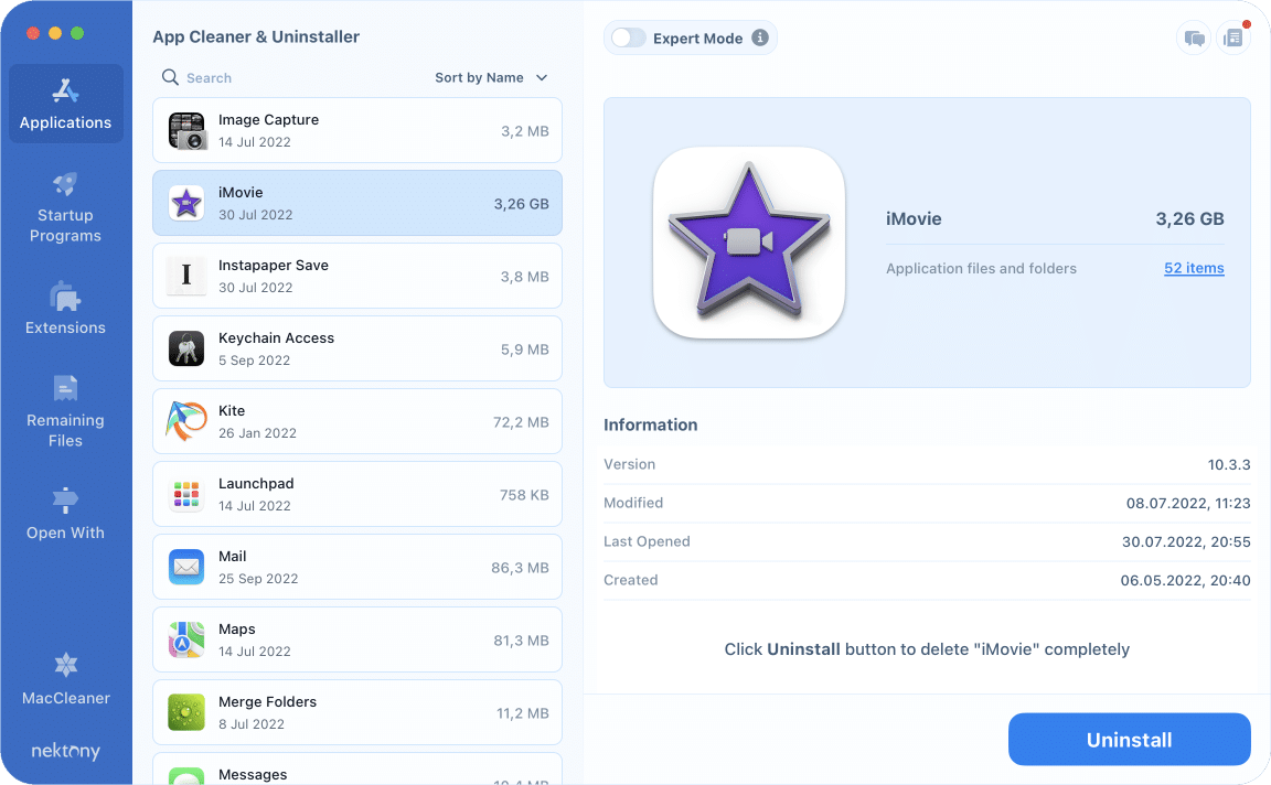 App Cleaner & Uninstaller showing default Apple app