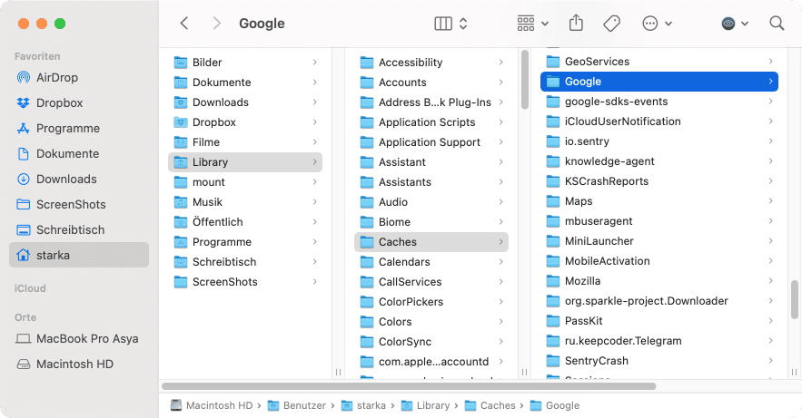 Finder window showing cache files