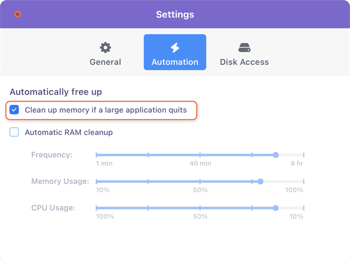 Memory Cleaner settings window