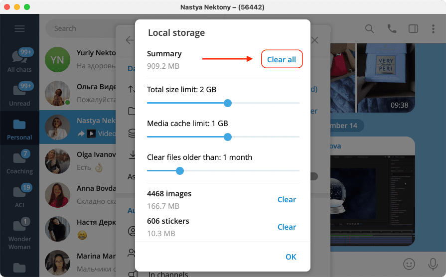 Telegram settings showing how to clear cache