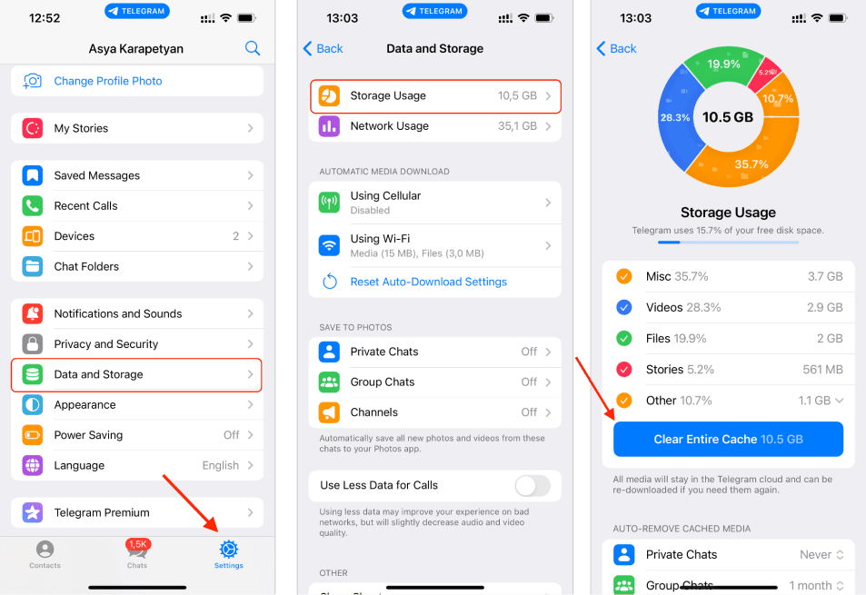 iPhone screens showing how to clear cache in Telegram