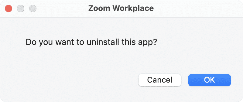 confirmation window to remove Zoom