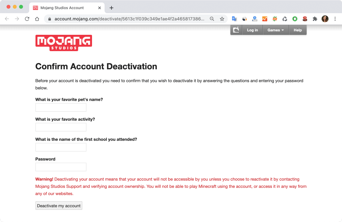 Minecraft account deactivation window