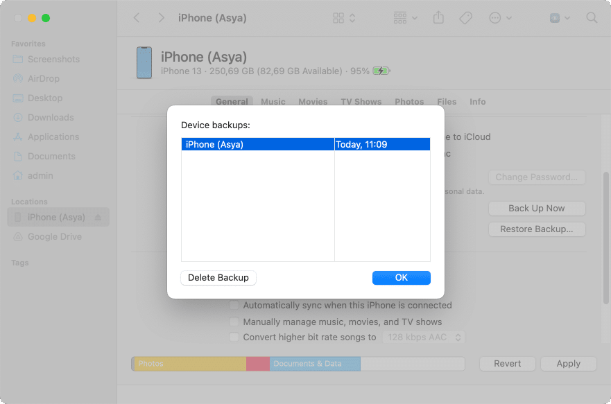 iTunes preferences - devices tab - iphone backups
