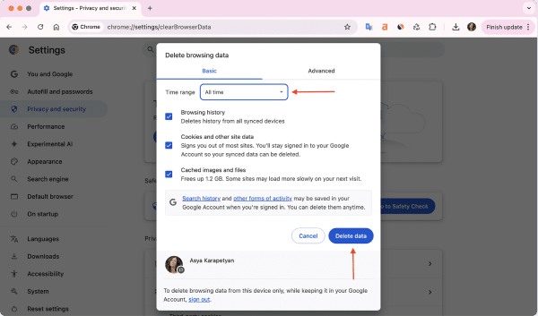 clear browsing data