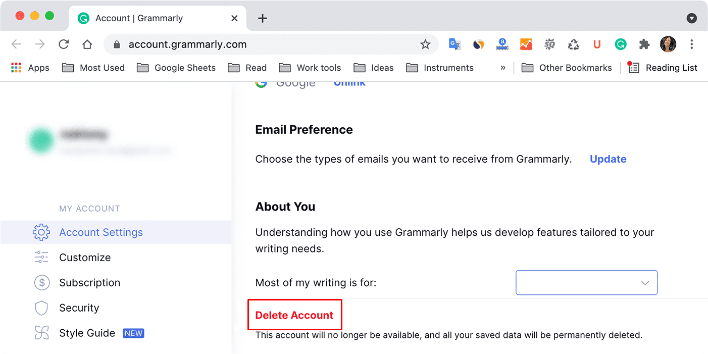 deleting grammarly account