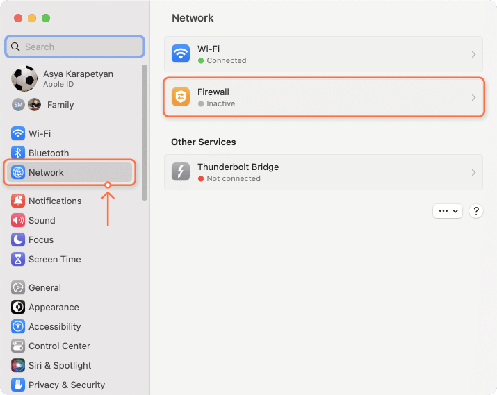 Firewall option in system settings window
