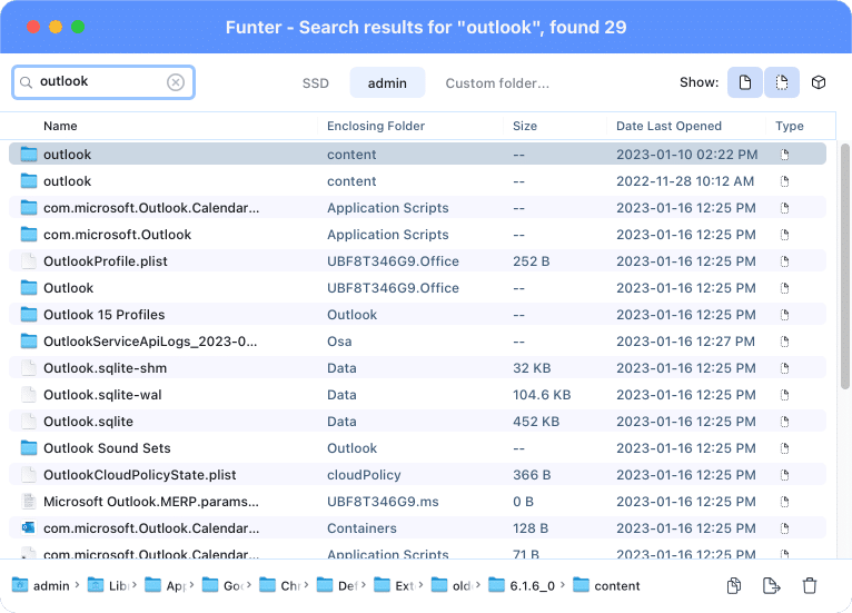 Funter showing Outlook temporary files