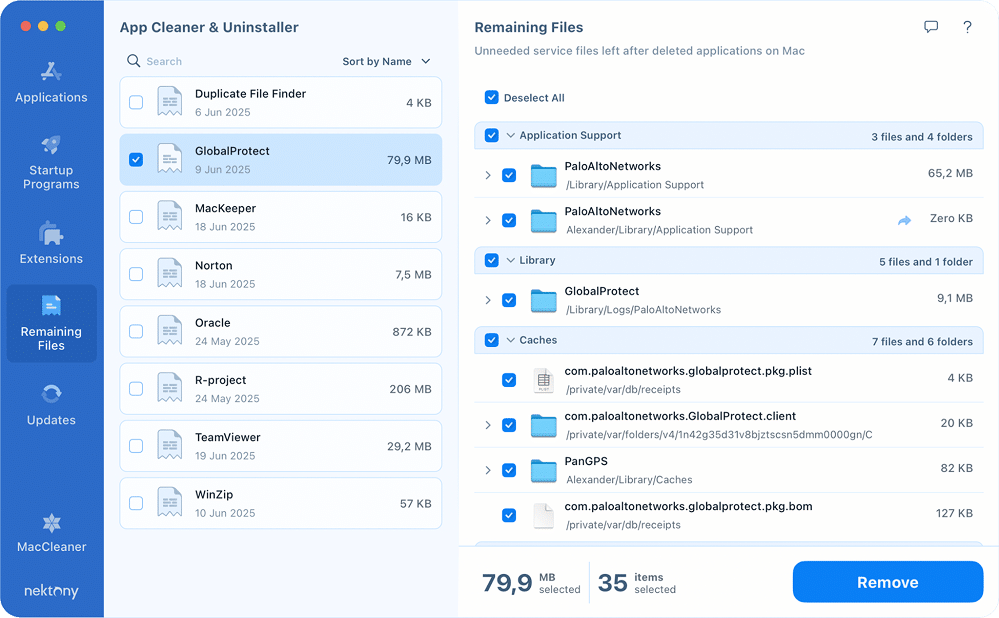 GlobalProtect's files that remain after its trashed, as found in App Cleaner & Uninstaller
