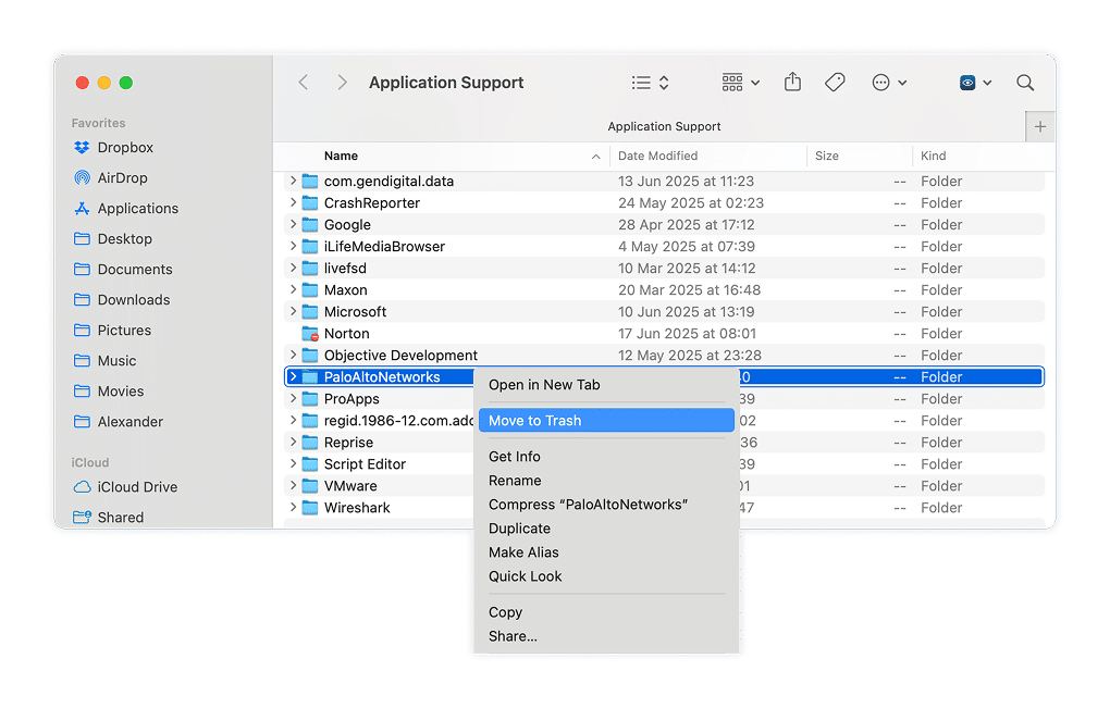the PaloAltoNetworks folder in Application Support files