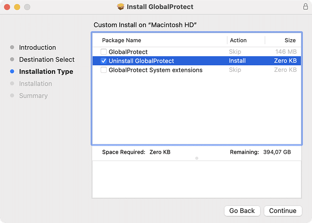 the uninstallation option in the GlobalProtect official installer