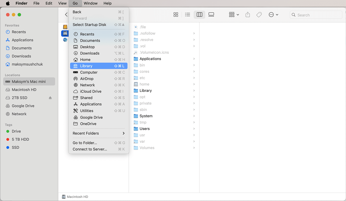 The Library folder in the Go Menu of Finder