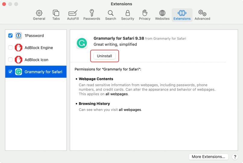 safari preferences window showing extensions tab