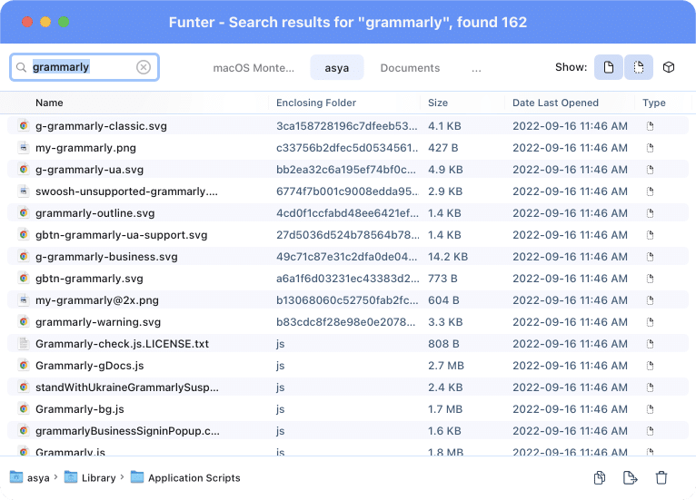 Funter showing Grammarly hidden files