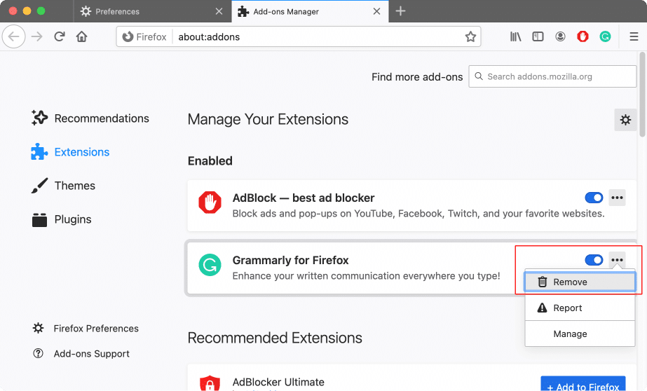 removing the Grammarly extensions from Firefox