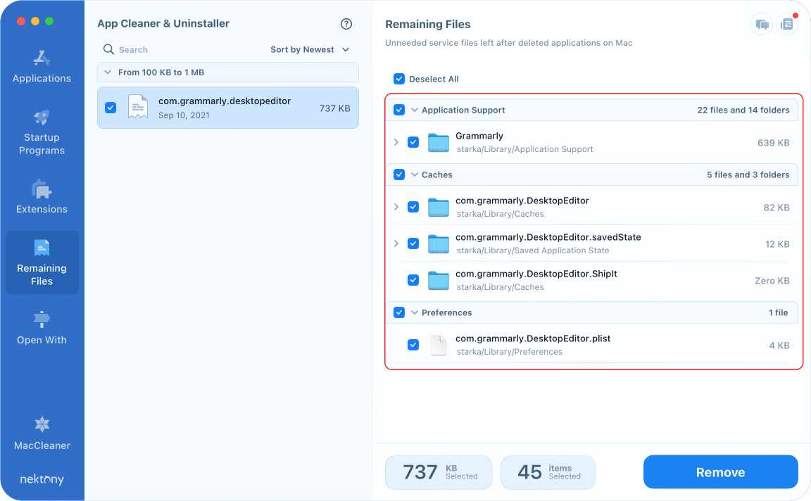 App Cleaner & Uninstaller window showing Grammarly remaining files