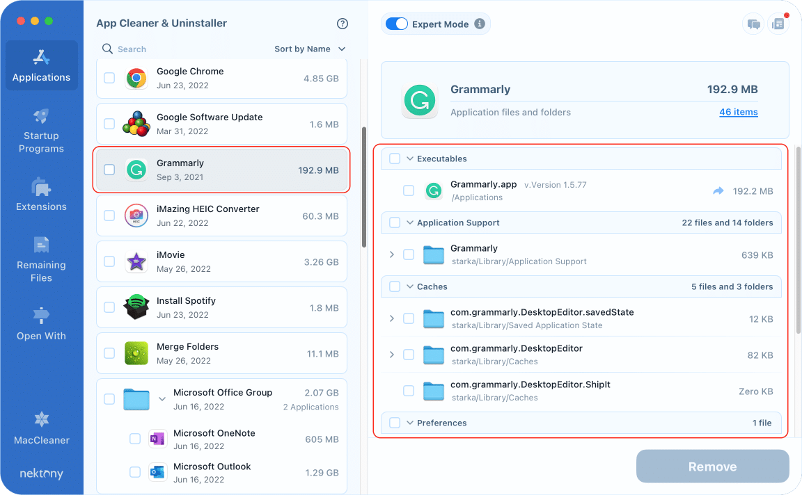 App Cleaner & Uninstaller showing Grammarly support files