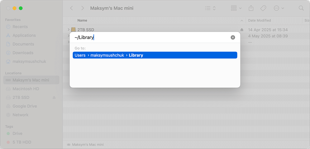 the Go to Folder with ~/Library path