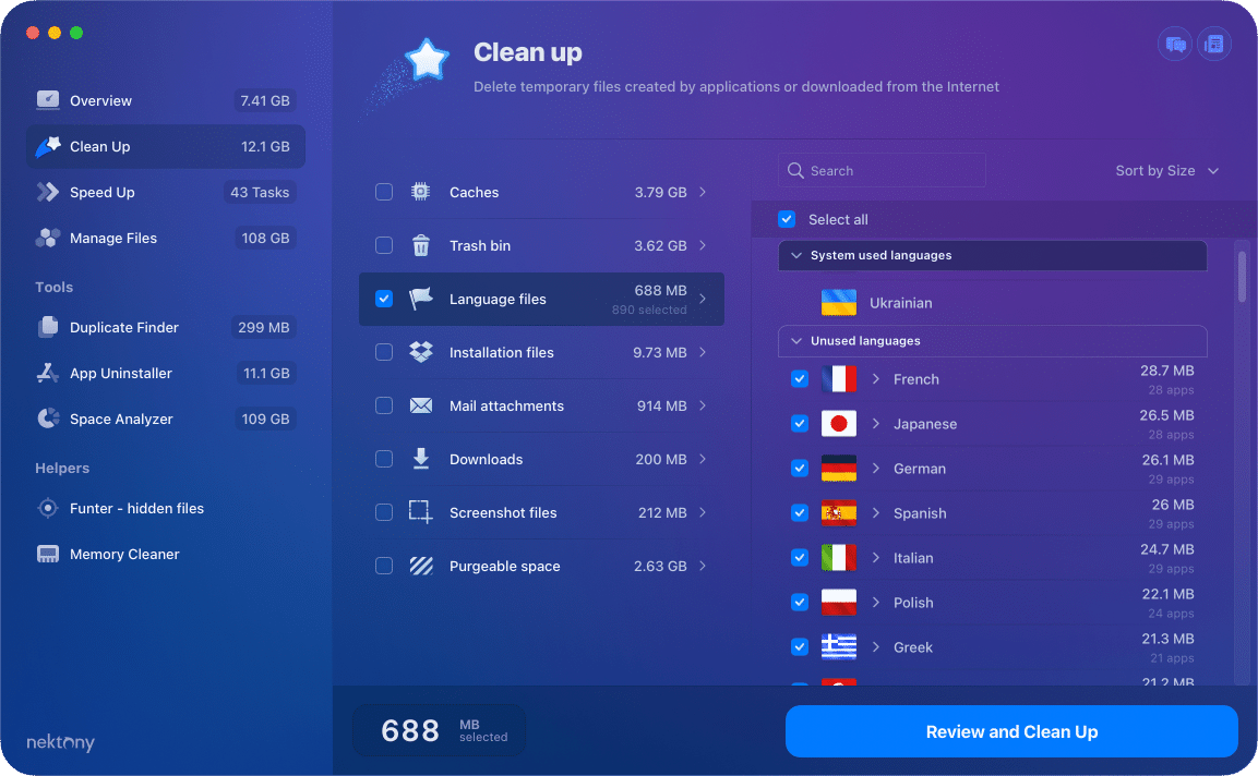 MacCleaner Pro showing language files