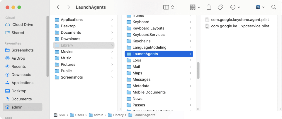 Finder showing LaunchAgents folder