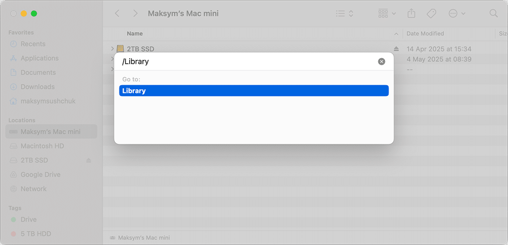the /Library path in the Go to Folder dialogue