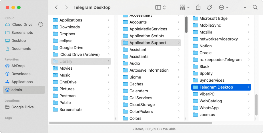 Library folder showing Telegram folder with cache files