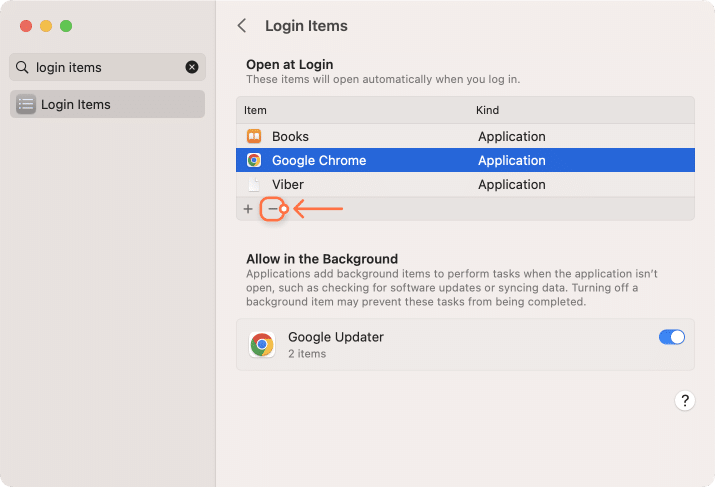 System preferences window - Users and groups - login items tab