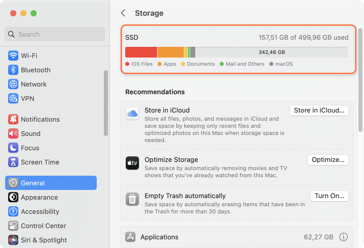 System Settings window showing disk usage