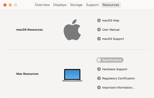About This Mac window - Resourses tab