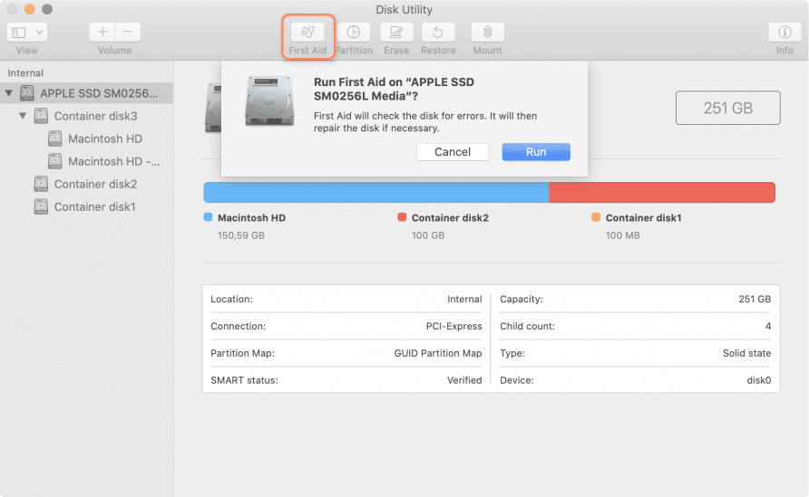 Disk Utility - Check disk for errors window