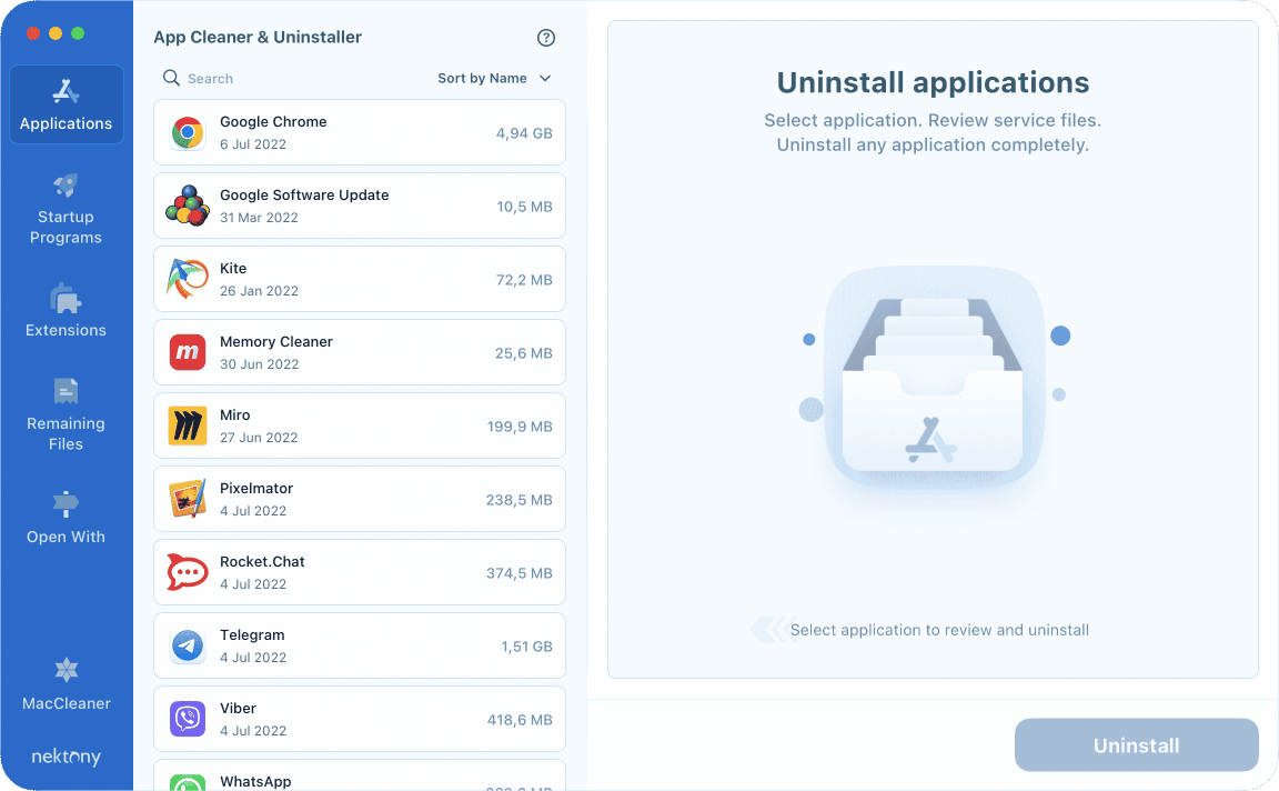 Uninstall applications tab in MacCleaner Pro window