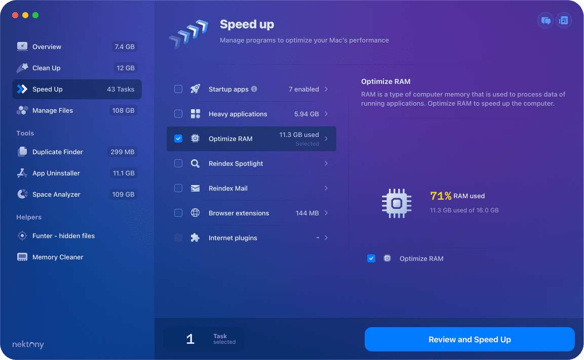 MacCleaner Pro window with Optimize RAM section highlighted