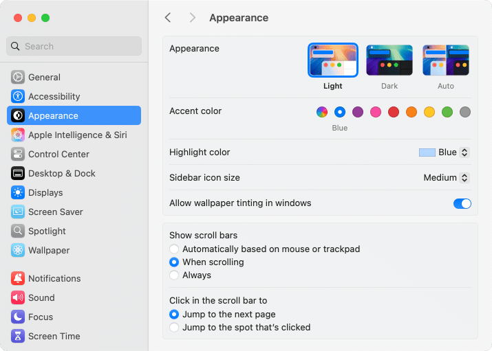System Settings showing Appearance preferences