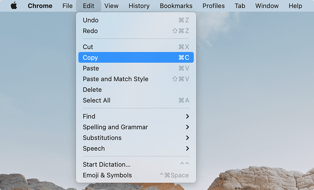 Chrome menu showing the Copy command