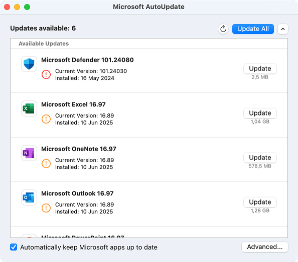 the main screen of Microsoft AutoUpdate