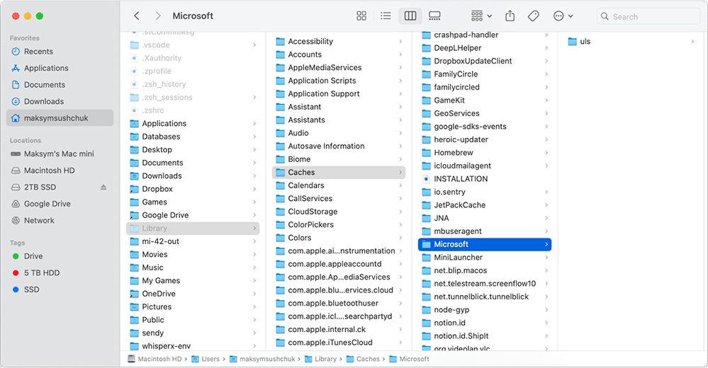 Microsoft caches in Finder