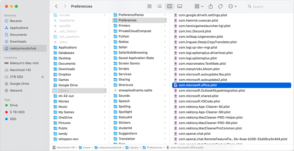 Preferences files related to Office 365 apps