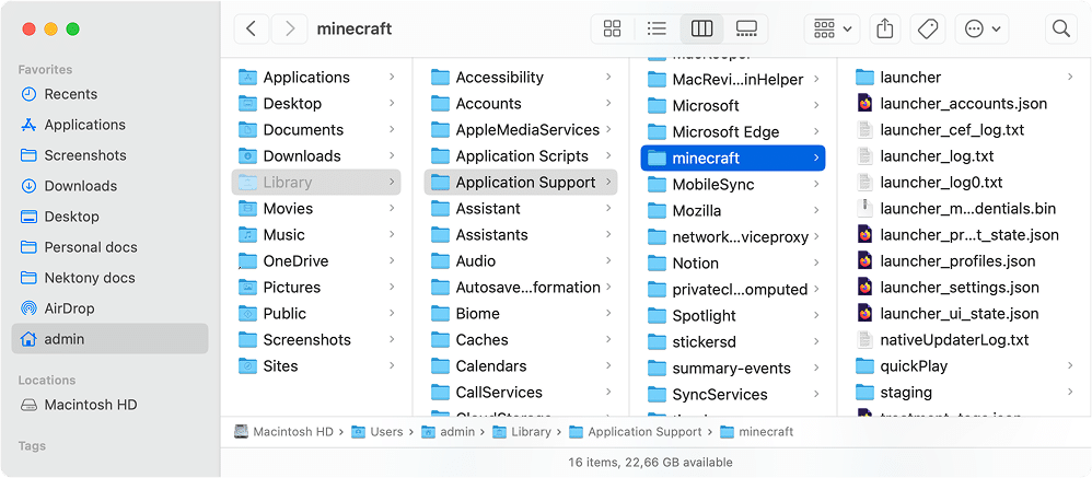 Minecraft application support files in Finder