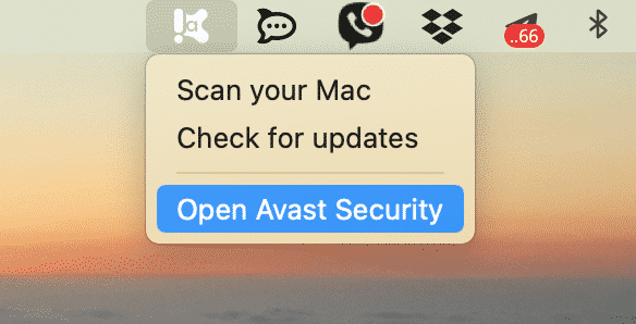 Mac toolbar showing Avast icon and its menu