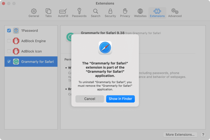 popup telling how to uninstall Grammarly extension