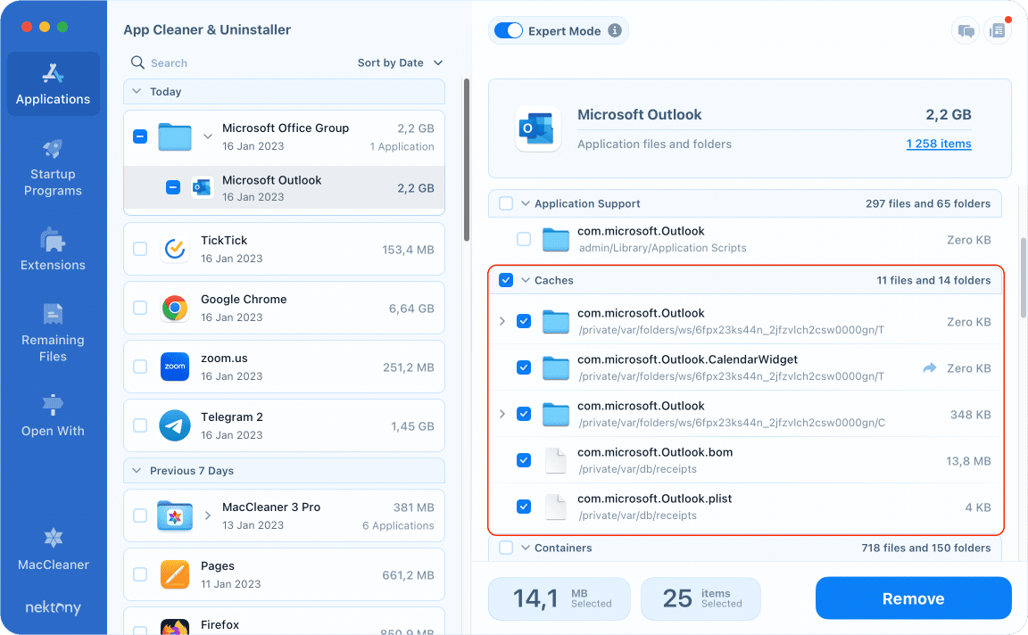 App Cleaner & uninstaller showing Outlook caches