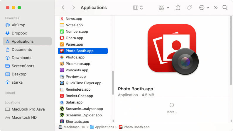 applications folder showing Photo Booth
