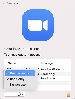 Get Info window showing Read & Write privilege