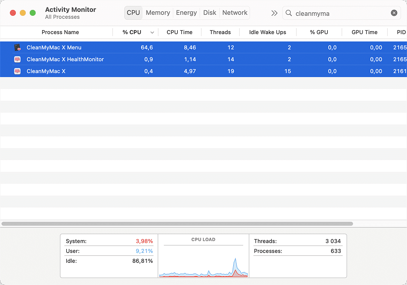 Activity Monitor window showing CleanMyMac processeses